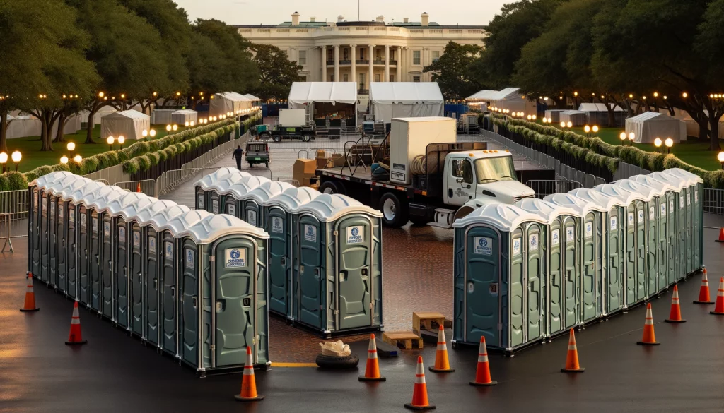 Festival porta potty bank with barricades in Seven Oaks, South Carolina